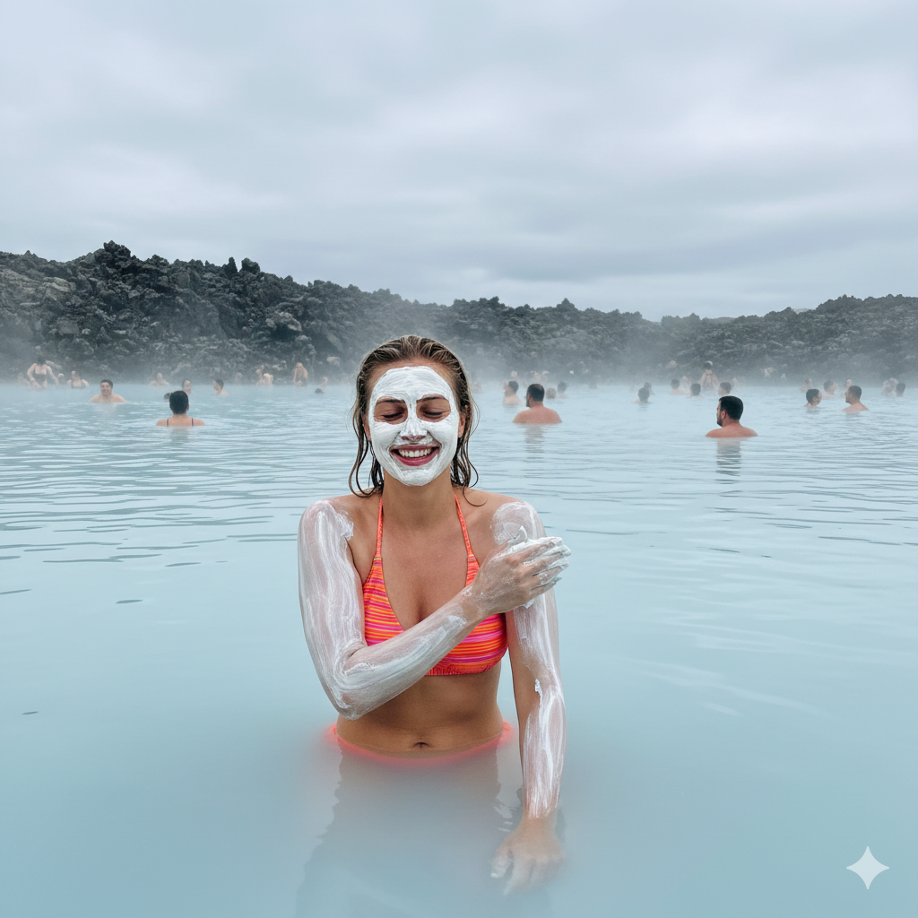 image of a woman applying a silica mud mask while relaxing in the iconic Blue Lagoon in Iceland