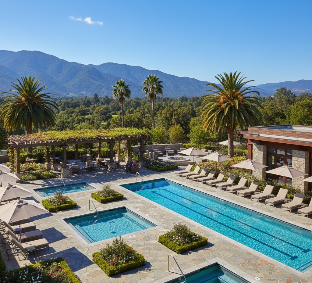 view of a luxurious hot springs retreat in Calistoga, showcasing its pools, lounging areas