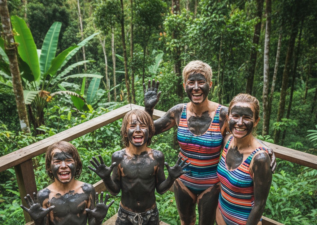 cheerful family enjoying a volcano mud bath experience in a lush Costa Rican