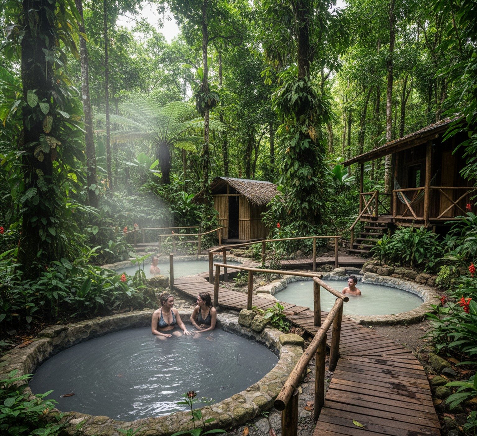 A small group of people relaxing in the various pools. Some individuals might be covered in dark gray volcanic mud, while others are soaking in the hot spring water. Their expressions are calm and relaxed.