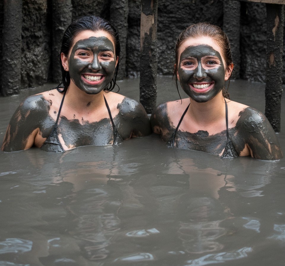 Two young women are having fun while submerged in a thick, gray volcanic mud bath